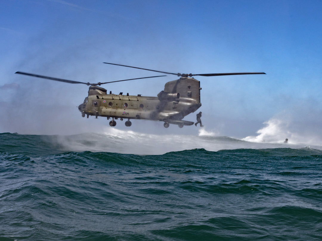Royal Marine Commando helocasting from a Chinook | Photo Print | Framed Print | Military | 40 Commando | Wall Art | Decor | Photography Hampshire Prints