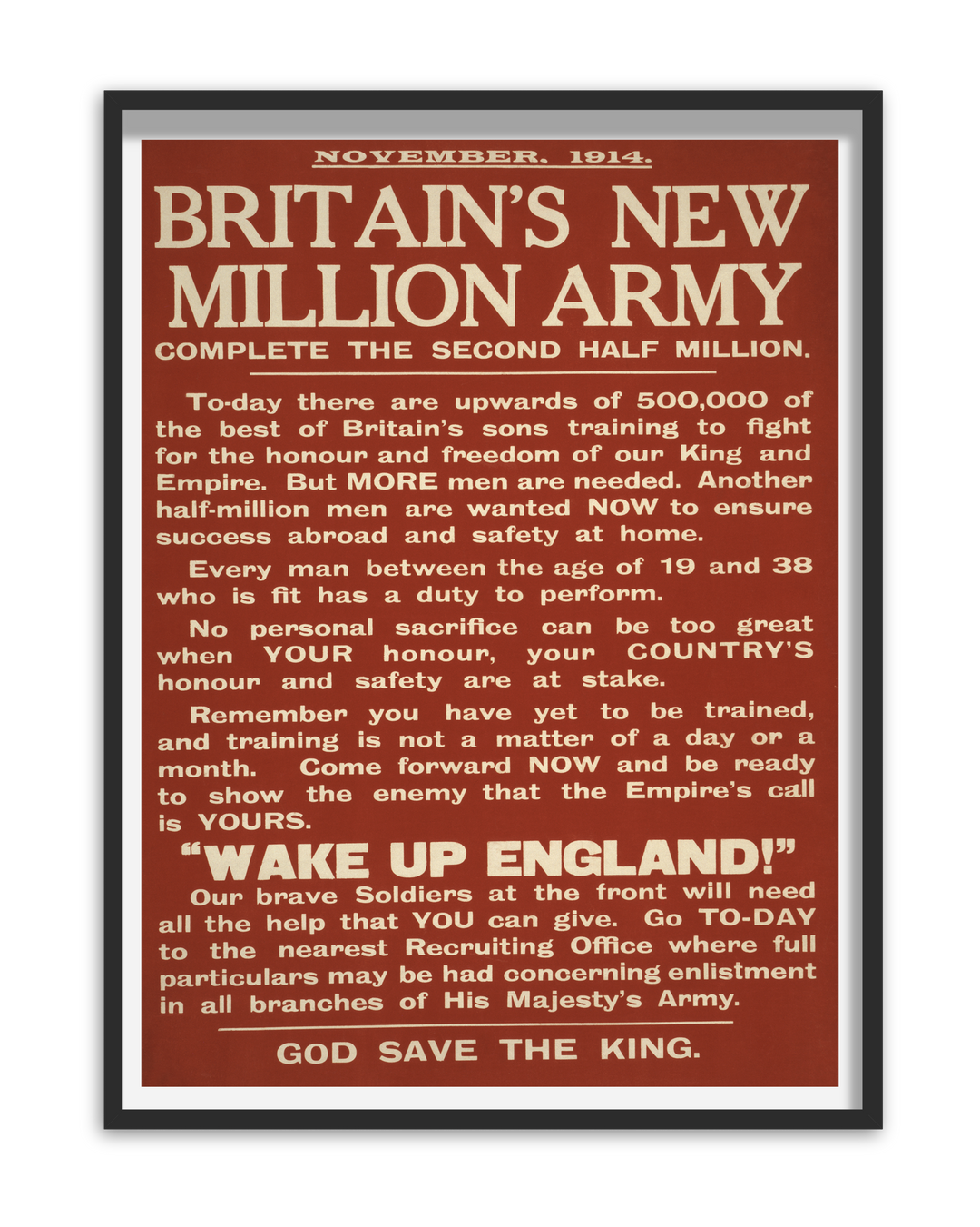 Britain's New Million Men Army | British World War One Recruitment Poster Posters, Prints, & Visual Artwork Hampshire Prints