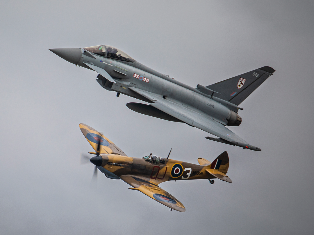 Typhoon FGR4 and RAF Spitfire in flight | Photo Print | Framed Print | Military | Aircraft | Royal Air Force | Wall Art | Home Decor | Aviation | Photography Hampshire Prints 6 x 4 No Frame No