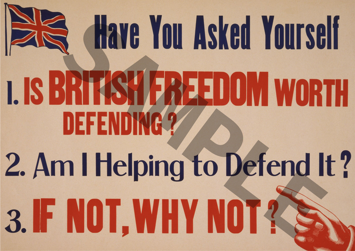 Have you asked yourself is British freedom worth defending? | British World War One Recruitment Poster Posters, Prints, & Visual Artwork Hampshire Prints