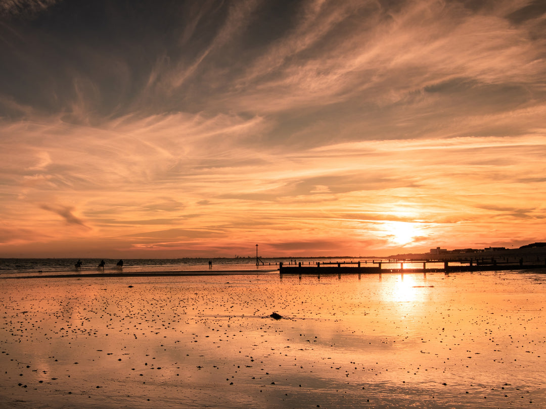 Sunset reflections at Bracklesham Bay beach West Sussex Photo Print - Canvas - Framed Photo Print - Hampshire Prints