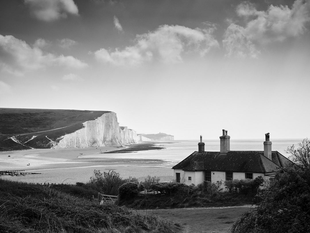Seven Sisters cliffs and cottage East Sussex black and white Photo Print - Canvas - Framed Photo Print - Hampshire Prints