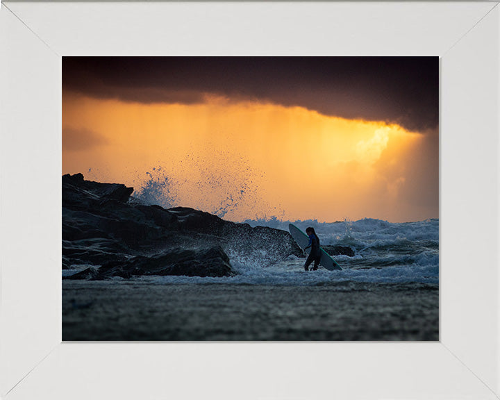 A surfer at sunset Polzeath beach Cornwall Photo Print - Canvas - Framed Photo Print - Hampshire Prints