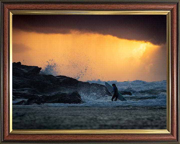 A surfer at sunset Polzeath beach Cornwall Photo Print - Canvas - Framed Photo Print - Hampshire Prints