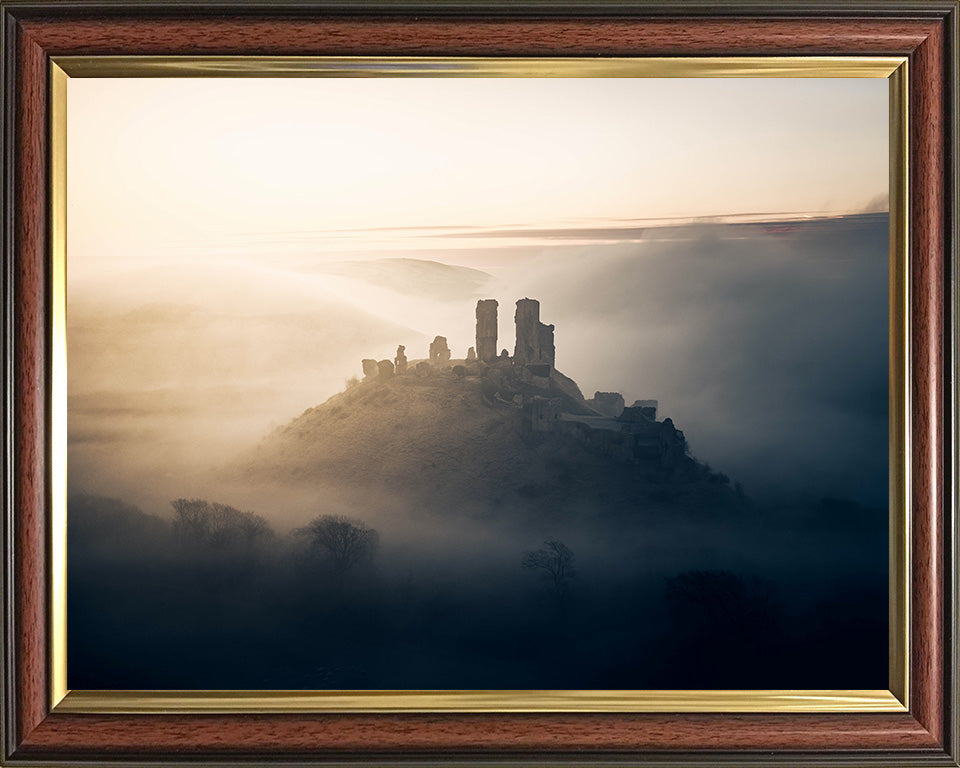 Mist surrounding Corfe Castle Dorset at dawn Photo Print - Canvas - Framed Photo Print - Hampshire Prints